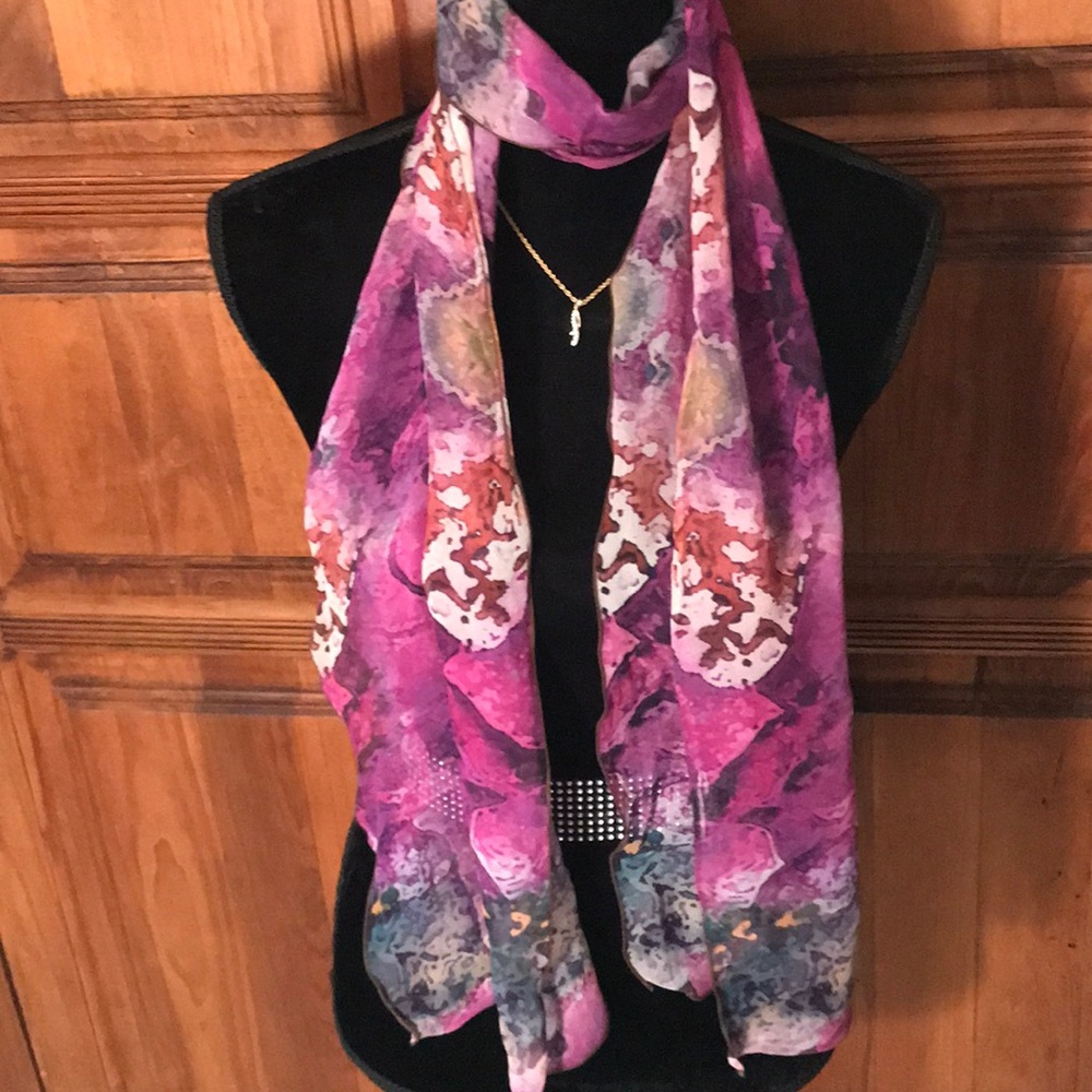 Long 63” rectangular SCARF in purple/orchid colors; watercolors-like pattern.